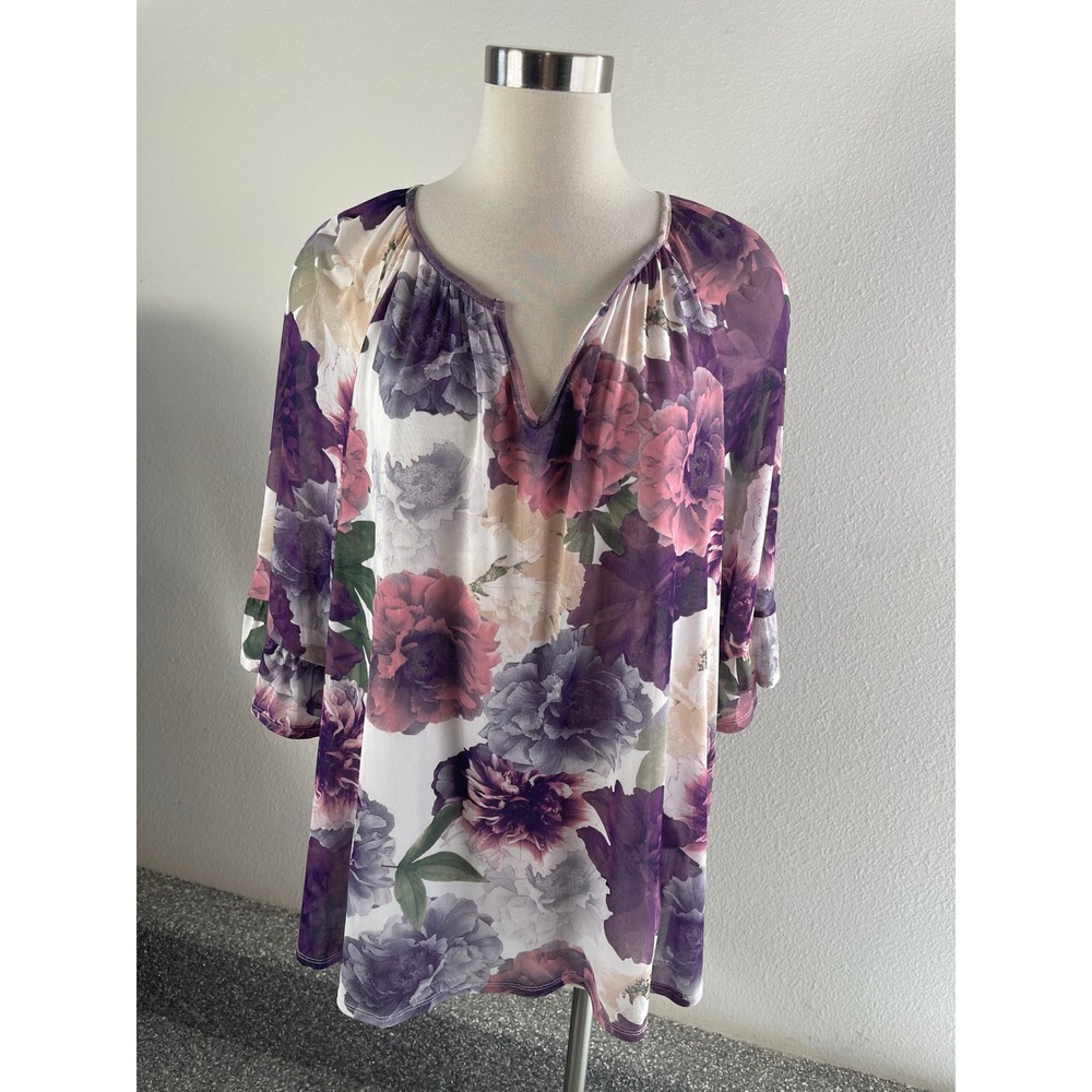 Catherines Plus 3XWP Floral Mesh Tunic Top Purple Pink Split Neck Blouse